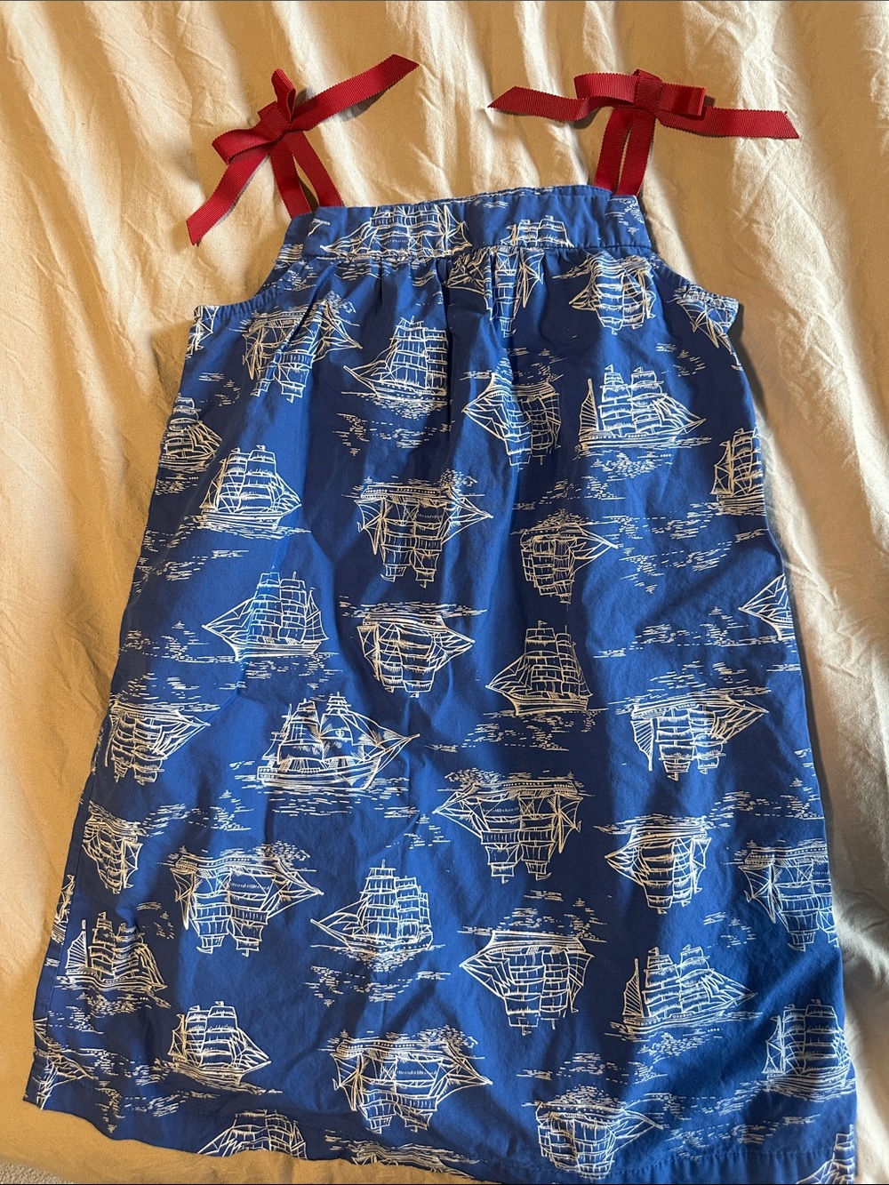 Hanna Andersson Blue Sailboat Print Dress with Red Bow Straps 4-5T